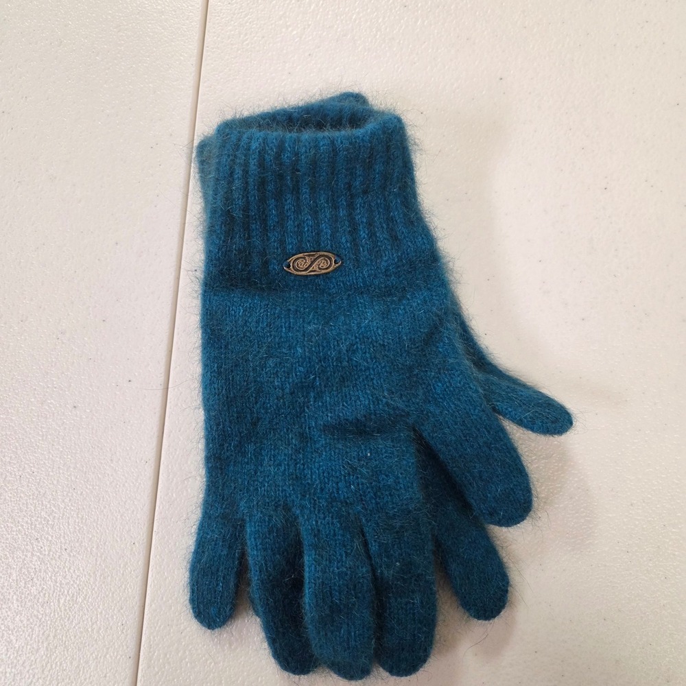 Teal Blue Fuzzy Angora Blend Knit Gloves Ribbed Cuff Soft Winter Mittens